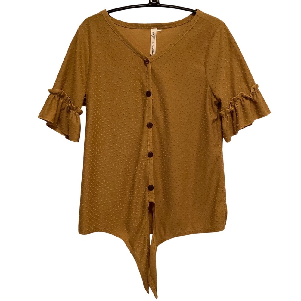 NY Collection Clip Dot Tie Front Top Women Size M Mustard Yellow